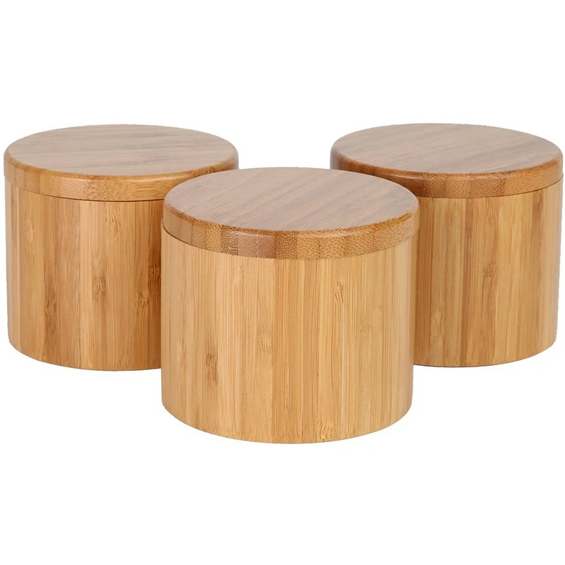 Round Bamboo Jar Salt and Spice Storage Box Small Salt Box with Magnetic Lock Bamboo Storage Box with Magnetic Swivel Lid