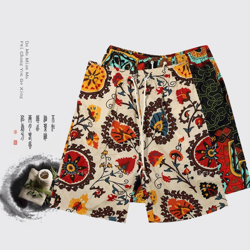 Pantalones cortos deportivos de viaje para hombre, de pierna ancha, informales, holgados, estilo dibujo bohemio, para surfear, para verano|Ropa de India y Pakistán| -