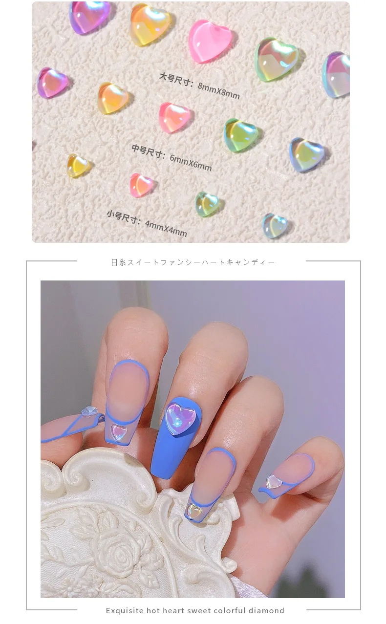 FlorVida 20pcs Sweet Heart Mermaid Rhinestone Beads Holographic Crystal Gems Stones For Nail Art Decorations Mix Size Box Kawaii