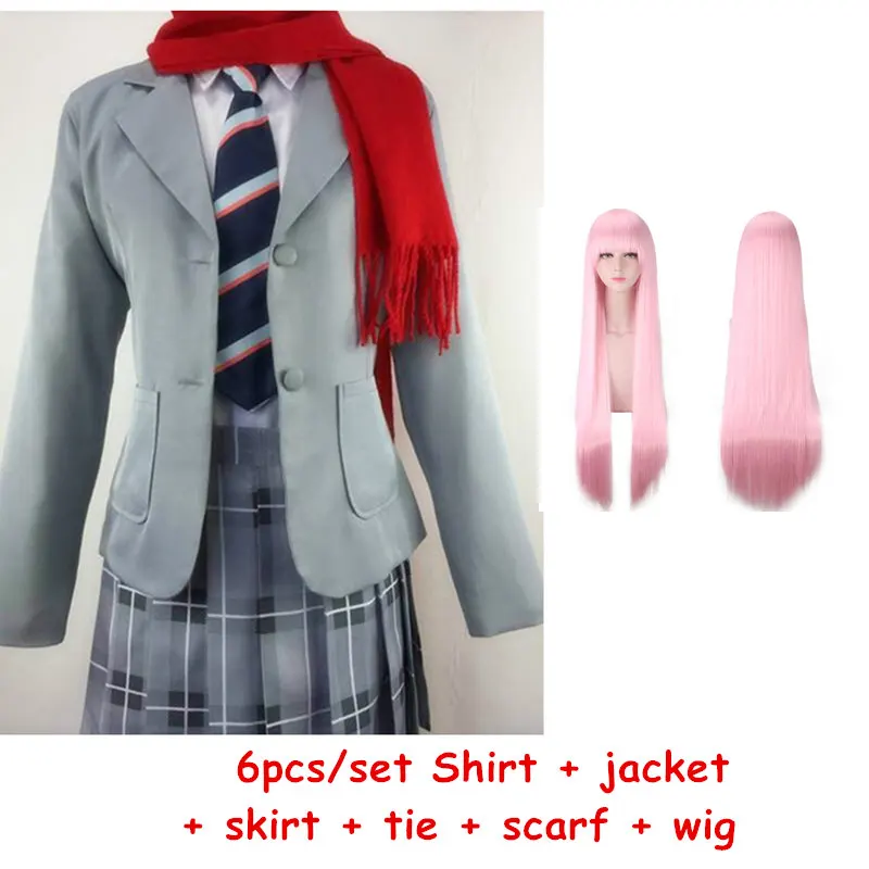 Hot Anime Game DARLING in the FRANXX CODE:002 Zero Two Cosplay Costume School Uniform Full Set Shirt+ jacket+ scarf+ wig+Tie - Цвет: Uniform and wig