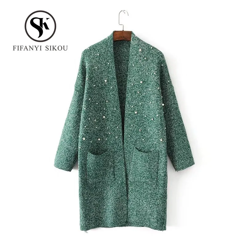 

2019 Autumn Winter Knitting Sweater Women Long Cardigan Coat Fashion Beading Long sleeve Loose Sweaters Thick warm Outerwear