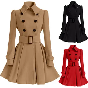 

Vintage Women Lapel Collar Double-breasted Waist Belt Large Swing Dress Coat