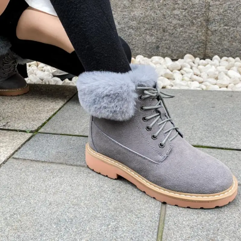 RIZABINA Women Ankle Boots Real Leather Lace Up Winter Keep Warm Plush Fur Flats Shoes Women Casual Snow Boots Size 34-39