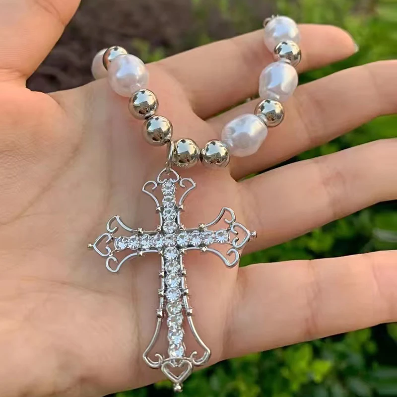 Y2K Accessories Pearl Crystal Cross Pendant Necklace for Women Harajuku