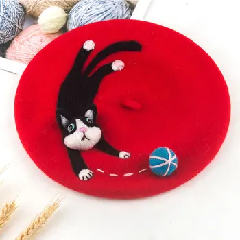 

Retro Handmade Wool Felt Warm Caps Women Korean Cute Cat Ladies Beret Hat Autumn Winter Christmas Painter Style Pancake Hat Gift