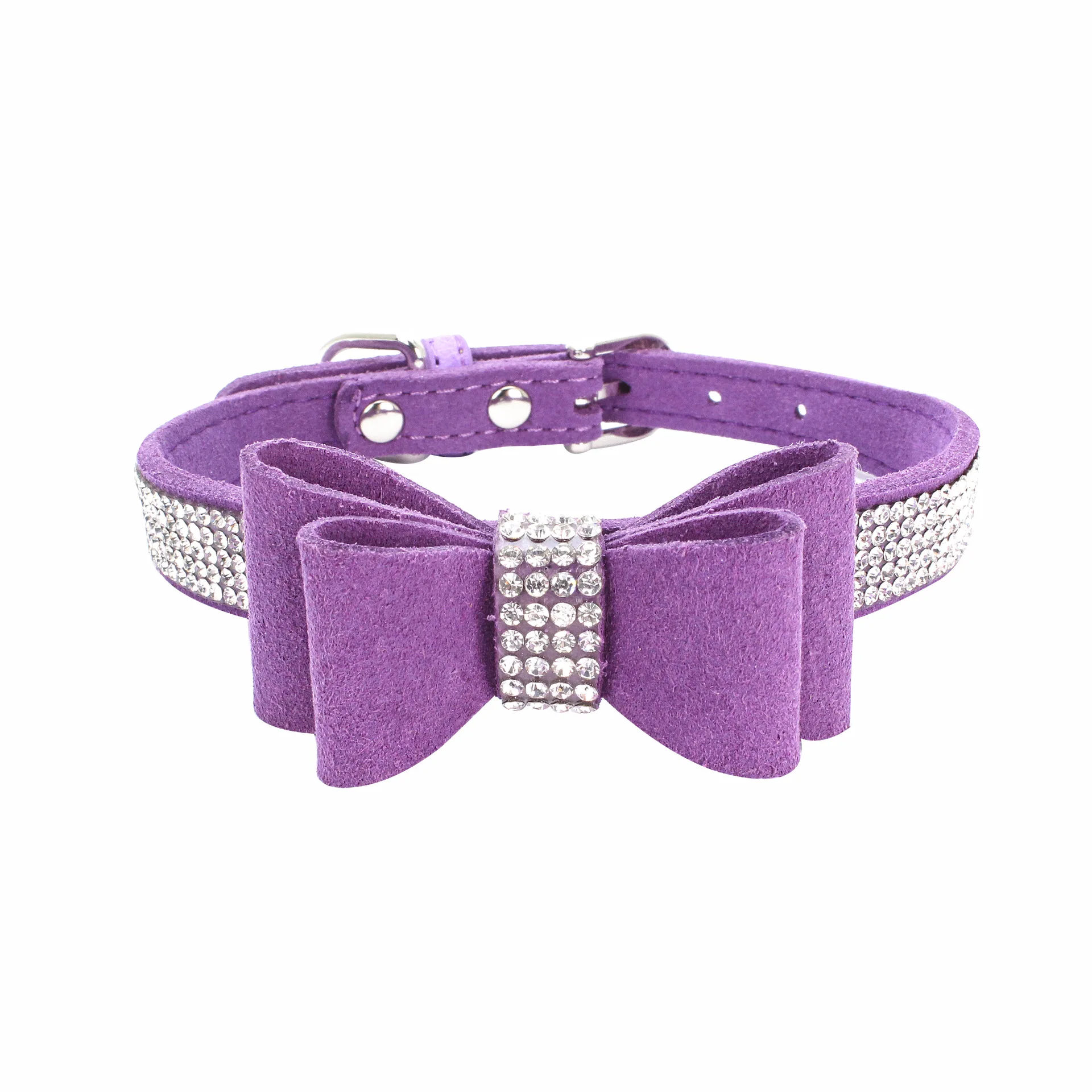 Bling Rhinestone Pet Collars Adjustable PU Leather Double-layer Microfiber Bowknot Cat Dog Collars For Small Medium Dogs Cats - Цвет: Dark Purple