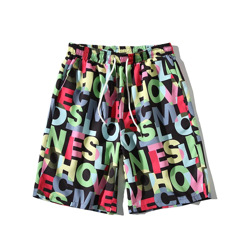 

New Couple Trend Letter Print Beach Shorts Large Size Loose Five-Pointed Flower Shorts Male Fashion Shorts