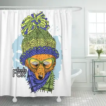 

Decorative Shower Curtain Affable Red Fox Glasses Knitted Hat in Dressed Animal Attire Barret Waterproof Bathroom Shower