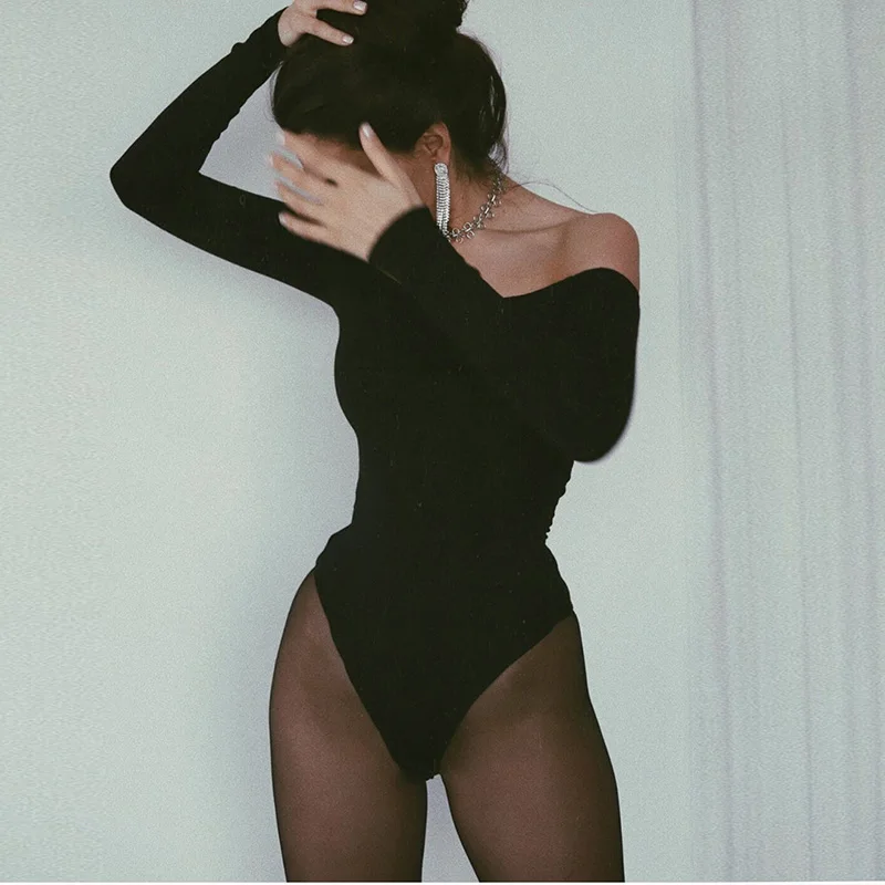 Aonibeier Sexy Off Shoulder Bodysuits One-piece Women Rompers Womens Jumpsuit Black White Casual Slim Woman Long Sleeve Playsuit