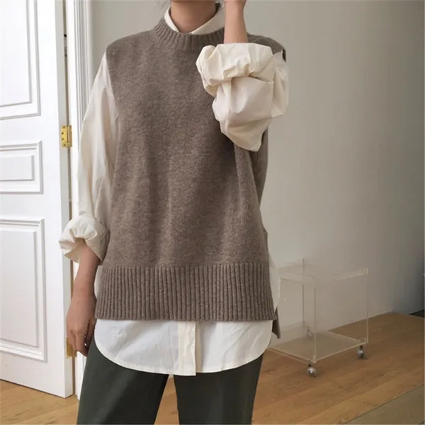 RUGOD New Women Solid Plain Sweater Vest O-neck Sleeveless Pullover Knitted Vest Office Lady Temperament Casual Chic Vest Coat - Цвет: Коричневый