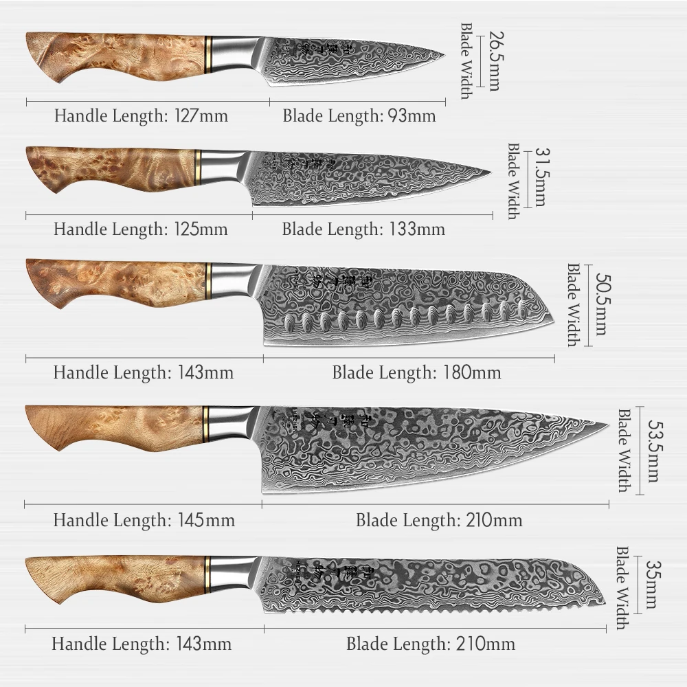 HEZHEN 2-7PC Knife Set Damascus Steel Chef Bread Utility Santoku Paring Cake Cook Knife For Meat Professional Kitchen Knife Set