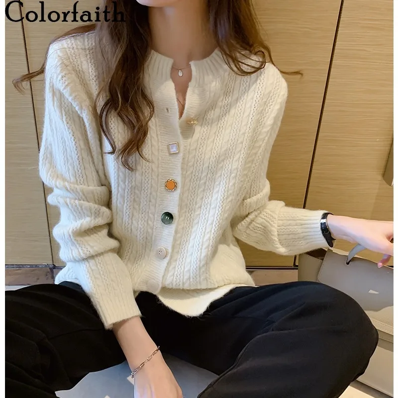 

Colorfaith New 2020 Autumn Winter Women's Sweaters V-Neck Buttons Short Cardigans Fashionable Korean Ladies Knitwears SWC2217