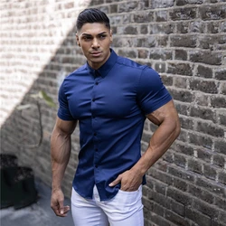 Moda casual manga curta camisa sólida super fino ajuste masculino vestido de negócios sociais camisa marca masculina roupas esportivas de fitness