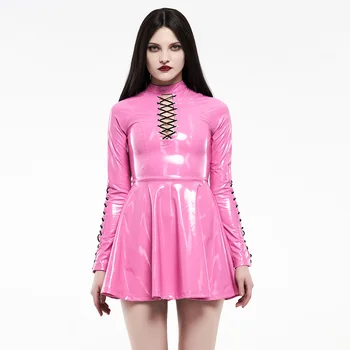 

PUNKRAVE Women's Punk Pu Leather Short Dress Sexy Playful Hollow Club Party Show Costume Long Sleeve Half Dresses