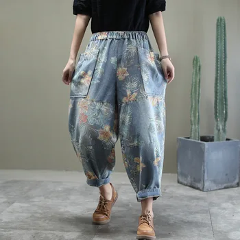 

Flower Print Vintage Woman Jeans 2020 Spring Autumn Elastic Waist Casual Pants Female Denim Pants Jean Plus Size XL SA347S30