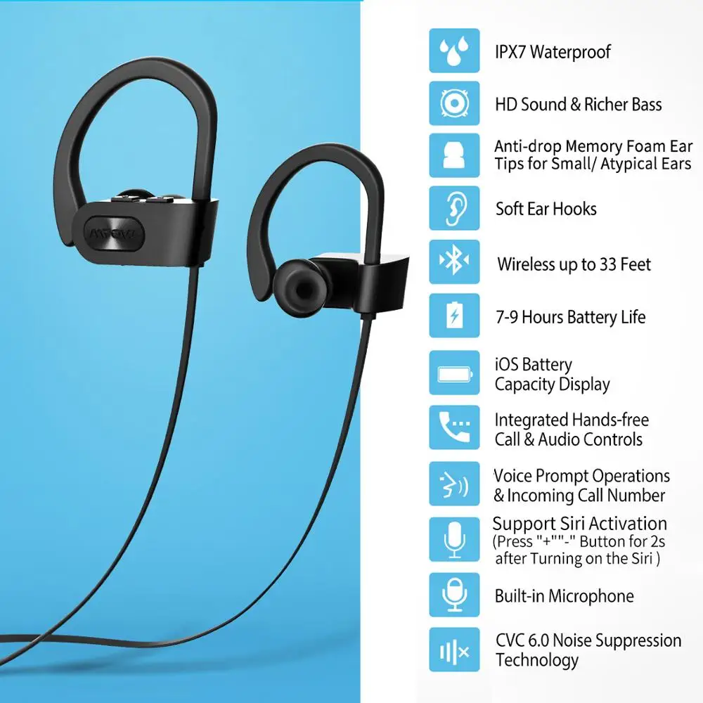 Mpow Bluetooth 4,1 наушники с шумоподавлением Наушники Hi-Fi стерео беспроводные с пламенем IPX7 водонепроницаемые спортивные наушники с микрофоном чехол