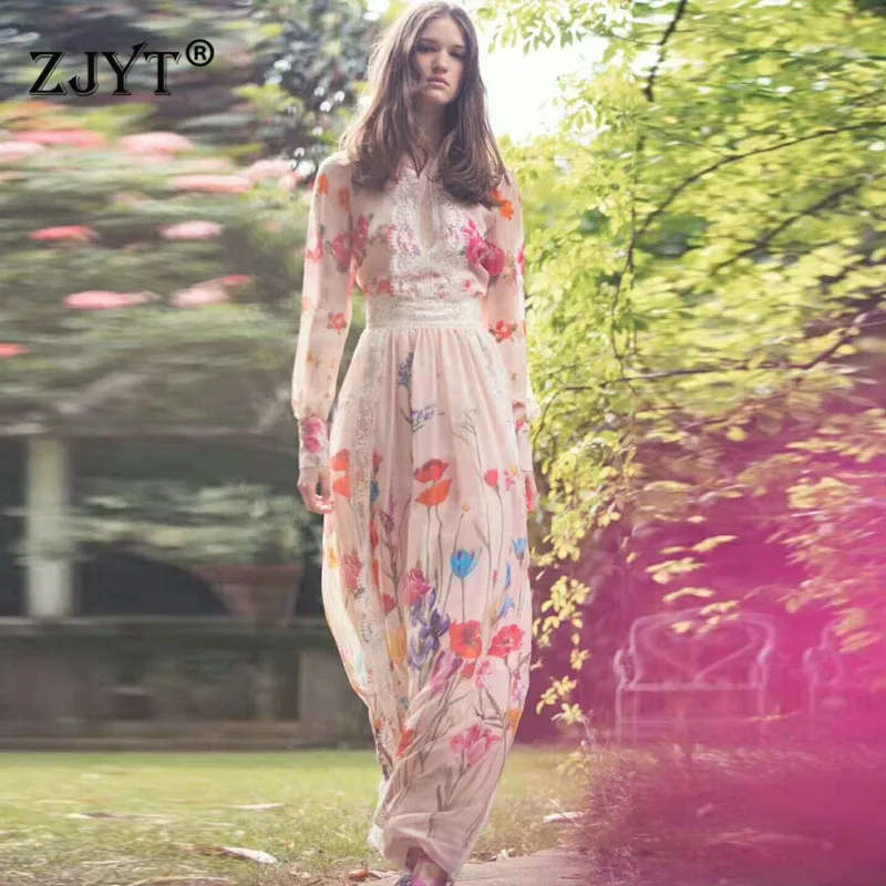 

Europe Fashion Runway Long Dress Autumn Women Clothes Elegant Full Sleeve Lace Patchwork Floral Print Maxi Holiday Chiffon Dress