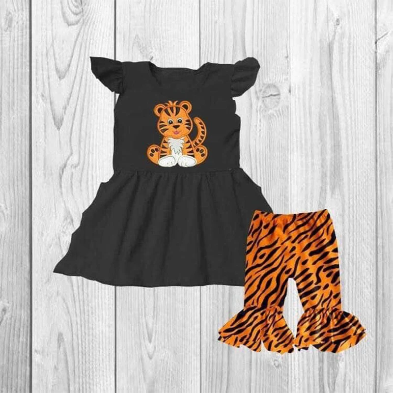 

summer girl cute outfits tiger screenprinted tunic ruffle capris baby girl clothing set