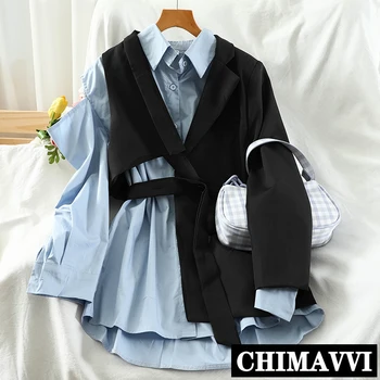 

Fashionable Ins Open Shoulder Irregular Suit Coat Two Piece Set Lady's Long Sleeve Shirt with Black Blazer Casual Coats