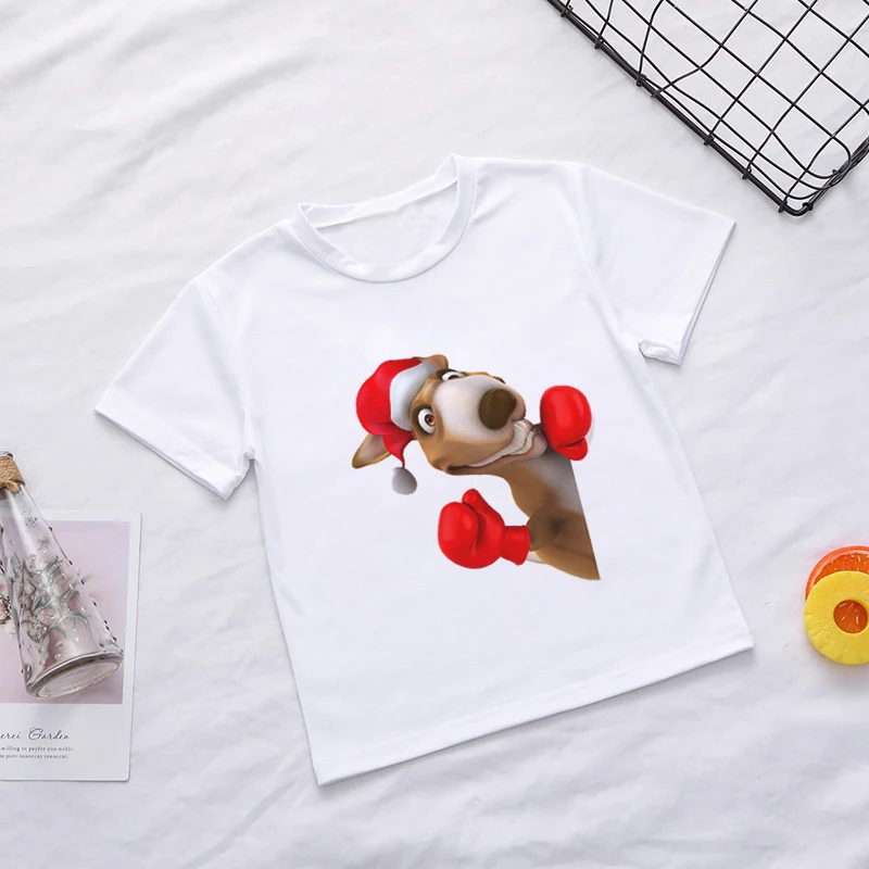 Летняя Рождественская рубашка модная футболка для мальчиков с принтом «два оленя», «старый человек», «подарок» Милая футболка для отдыха для девочек детская одежда