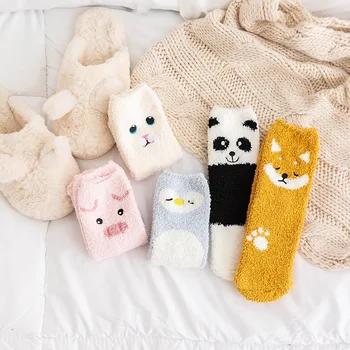 

1 Pair of Plush Coral Fleece Socks Autumn and Winter Soft Animal Coral Socks Female Thick Warm Home In Tube Socks Kawaii
