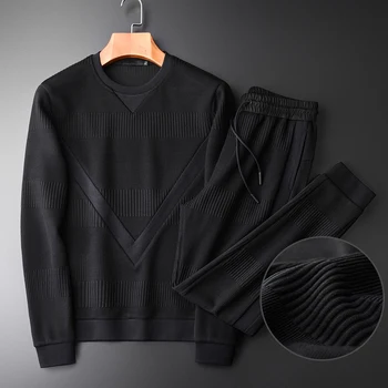 

New Sweatshirt Men Hight Quality Add Thick Round Collar Black Sweatshirt With Pants Autumn 2piece Solid Color Mens Sweatshirs
