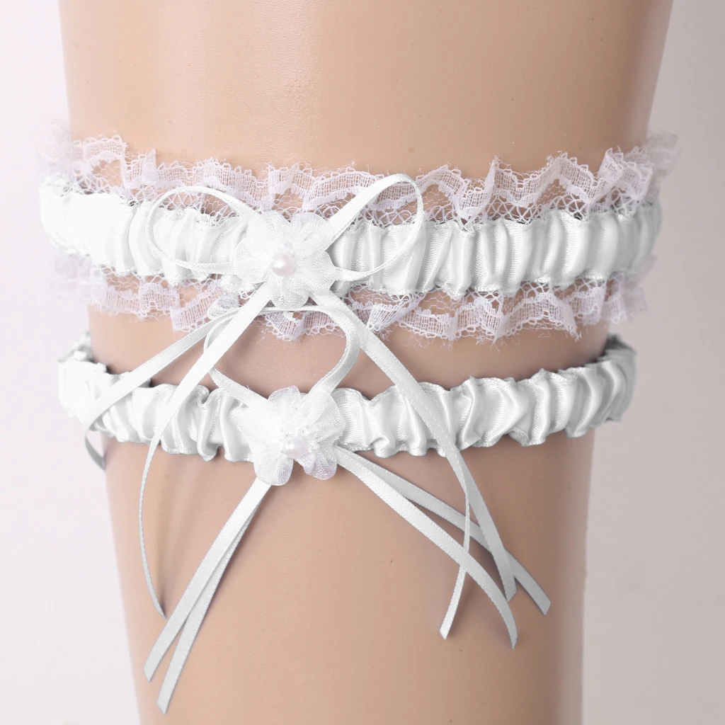 2Pcs Rustic Bridal Wedding Garter Floral Stretch Bridal Lace Satin Bowknot Thigh Ring Soft Socks Hen Party Lace Pearls Garter