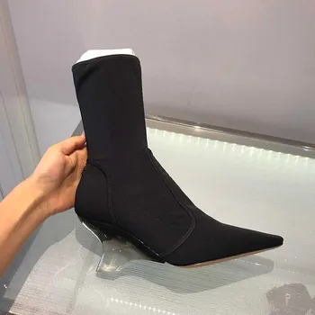 

PVC Heel Boots Women Black Women Shoes Luxury Design Botas Mujer Fashion Ladies Shoes Ankle Short Bota Feminina Sexy Sock Boots
