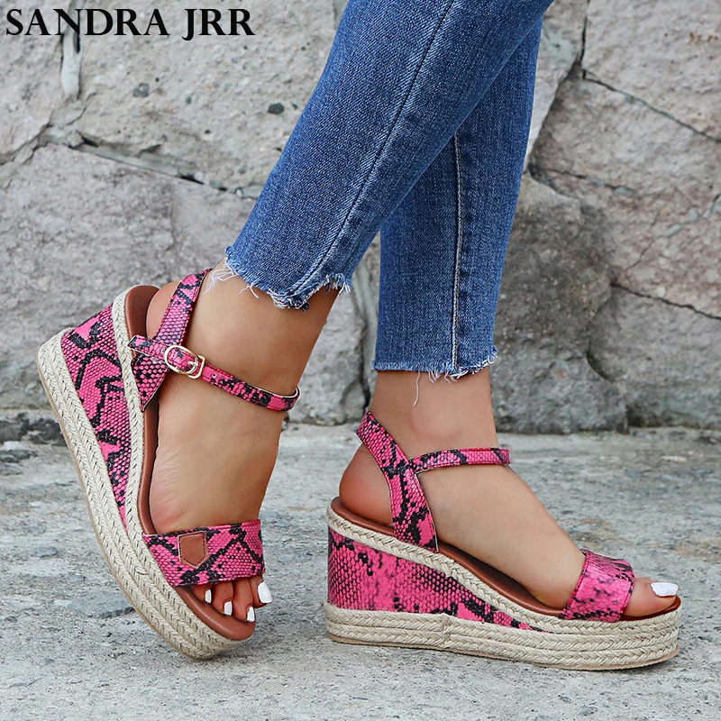 

SANDRA JRR Women Summer Sandals Wedges Heel Open Toe High Heel Platform Leather Sandals Female Plus Size Leopard Snakeskin Zebra
