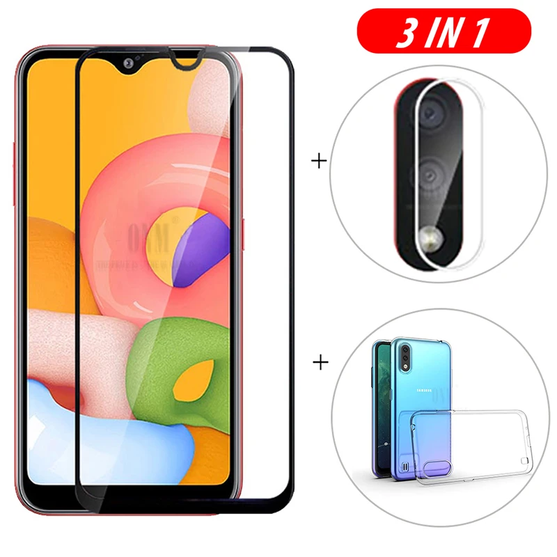 Защитное стекло A01 3 в 1 закаленное + чехол для Samsung Galaxy Защита экрана камеры защита