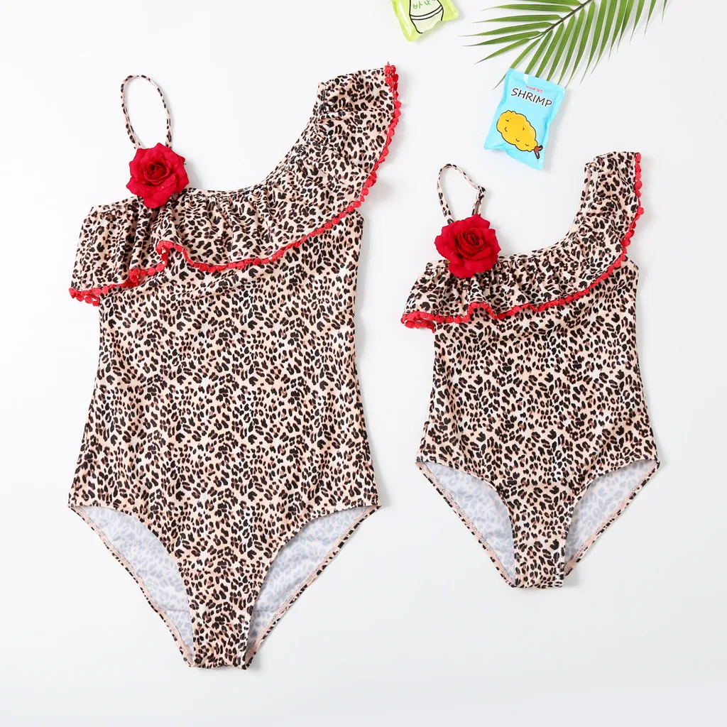 

Floral Leopard Swimsuit Mother Daughter Swimwear Mommy and Me Bath Suits Family Matching Clothes Off Shoulder Mom & Baby Bikini