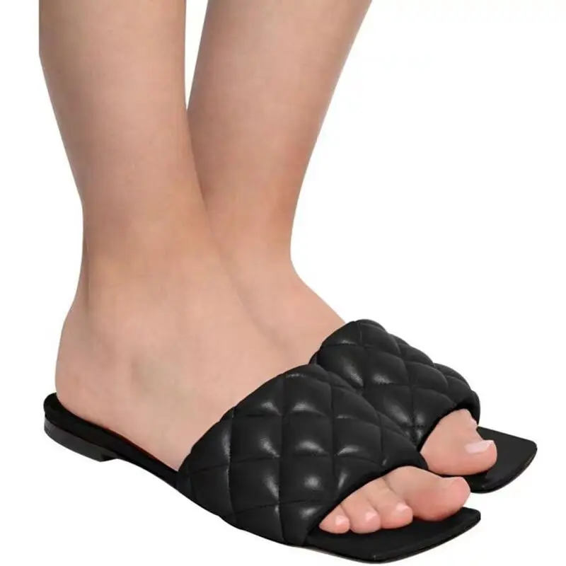 2020 Latest Summer Leather Slippers Women Square Toe Flat Slides Beach Flip Flops Ladies Slip On Mules Orange Black Sandals | Обувь