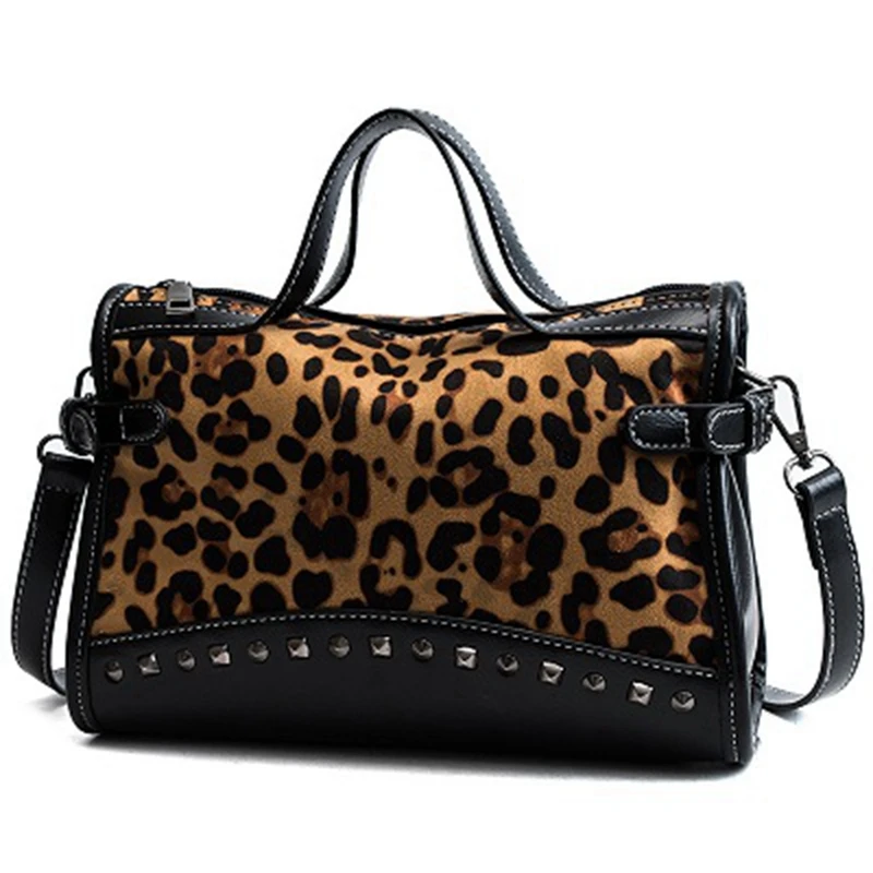 

Leather Vintage Rivet Lady Tote Bag Solid Color Leopard Women Messenger Bag Large Capacity Zipper Female Shoulder Bag