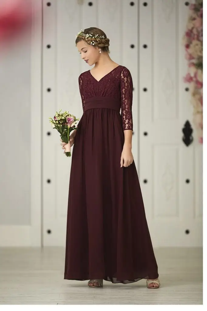 

Elegant Cheap Junior Bridesmaid Dresses Under 50 A-line V-Neck Chiffon Lace Backless Long Wedding Party Dresses