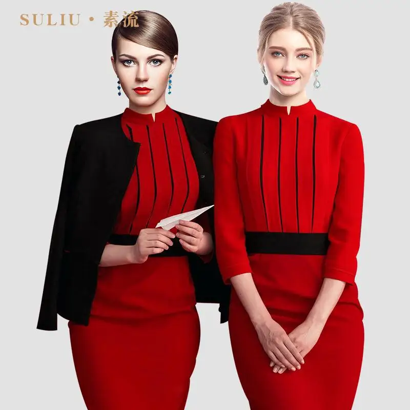 

Aviation New Style Elegant Red Dress Sichuan Airlines Stewardess Clothing Space Suit Jewelry Wear Sichuan Aviation Uniform