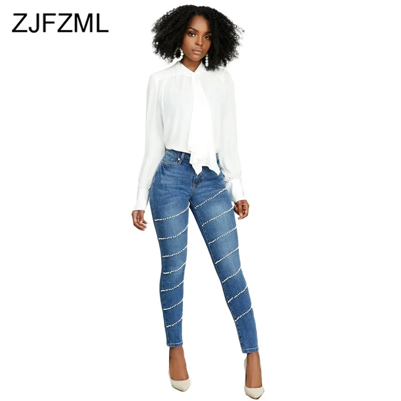 

Stripes Beading Skinny Jeans for Women Fashion High Waisted Vintage Blue Washed Denim Pants Streetwear High Elastic Long Jeans