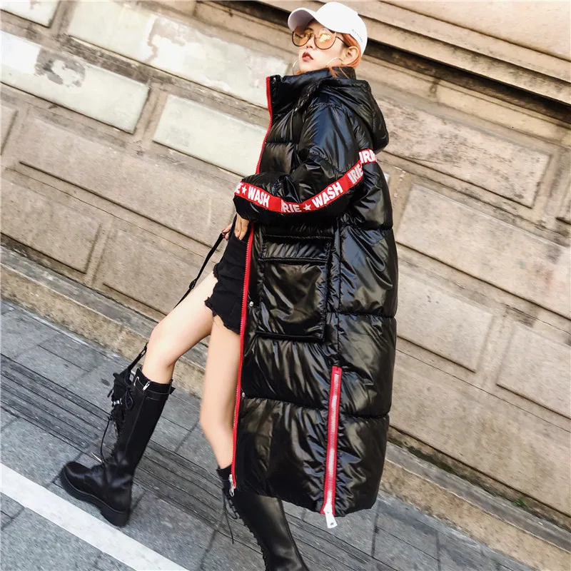 Women Winter Coat new winter hooded jacket black long Down cotton Jacket Loose warm Glossy women's parka Cotton Coat MY235