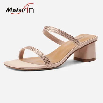 

Designer shoes women luxury sandals 2020 summer new open toe silk woman slippers rhinestones block medium heels slides size 33