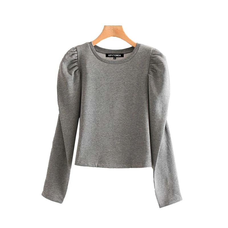  Vintage Stylish Basic Cropped Sweatshirt Women 2020 Fashion O Neck Puff Sleeve Short Style Office W
