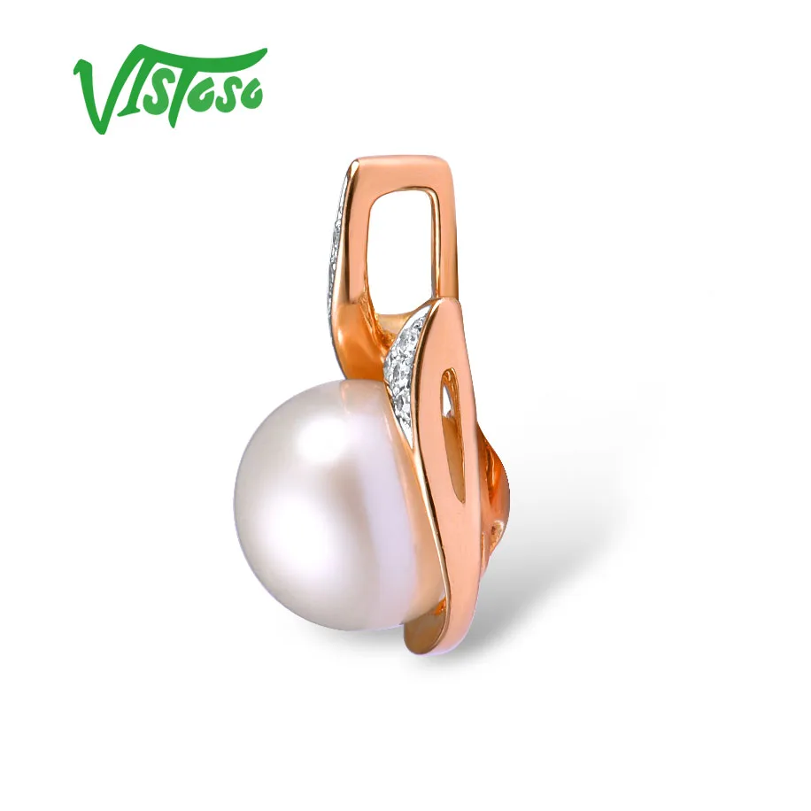 Beste VISTOSO Gouden Hanger Voor Vrouwen Pure 14K 585 Rose Goud Fonkelende Diamant Elegante Zoetwater Parel Hanger Voor Lady fijne Sieraden