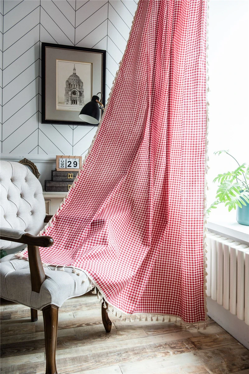 Cortinas decorativas para ventanas, telas semisombreadas y lino, borlas de cuadros rojos, Exterior|Cortinas| - AliExpress