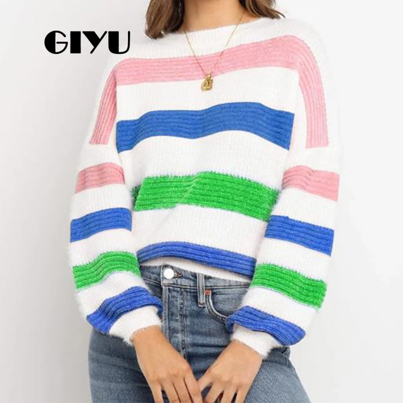 

GIYU Rainbow Striped Patchwork Sweater O Neck Loose Autumn Winter Knitted Jumpers Drop Shoulder Pullover sueter mujer invierno