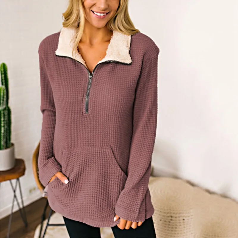 

Women Solid Color Zipper Lapel Fashion Sweatshirt Autumn Long Sleeve Casual Warm Pullover Winter Fleece Pockets Tops Sweatshirts