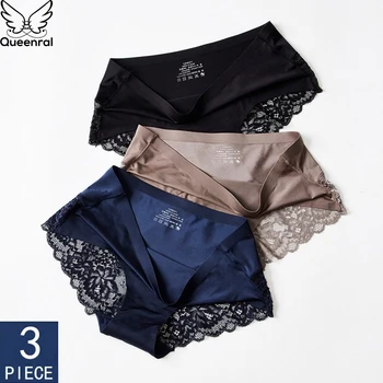 

Queenral 3PCS/LOT Lace Panties For Women Seamless Underwear Briefs Nylon Silk For Ladies Transparent Lingerie Low Waist Pants