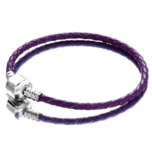 Фиолетовый кожаный браслет 925 пробы Серебряный Фиолетовый Кожаный браслет подходит для европейских шармов Diy ювелирные изделия