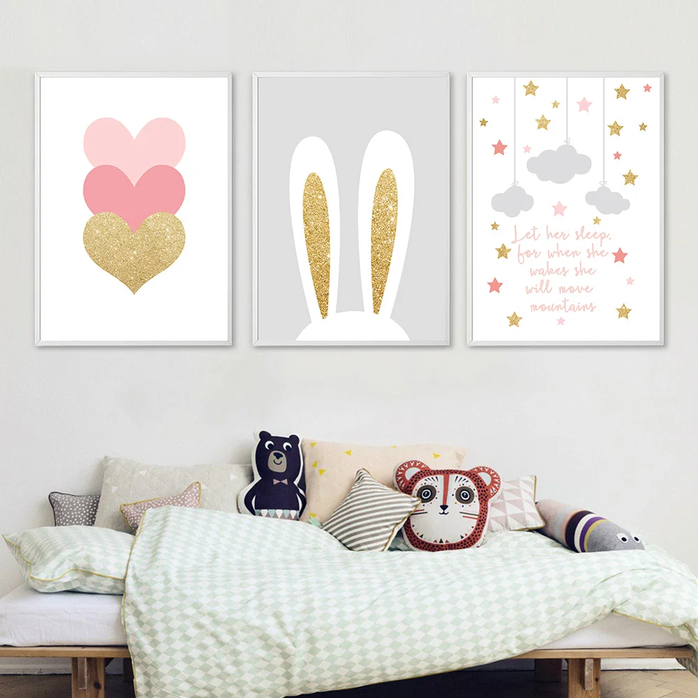 

Rabbit Ear Canvas Painting Cute Heart Wall Art Poster Cartoon Print Painting Cloud Canvas Print Wall Picture For Baby Room Decor