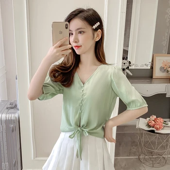 

COIGARSAM Short Sleeve Shirt Womens tops New Summer Chiffon High Waist Belt V-Neck Women shirts Orange White Green 504