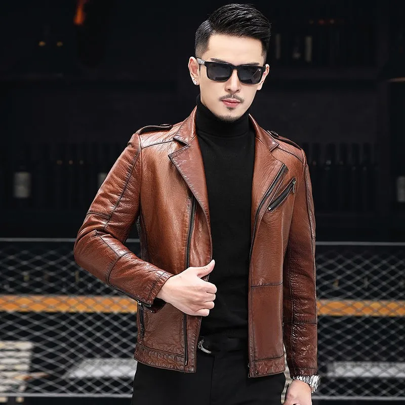 petite genuine leather coats & jackets Spring Autumn Thin Mens Genuine Leather Jackets Male Turn-Down Collar Biker Coat Slim Zippers Sheepskin Casual Outerwear leather sheepskin jacket