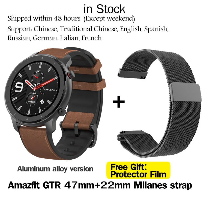 Глобальная версия Amazfit GTR, 47 мм, Huami, gps, умные часы, мужские, 5 АТМ, водонепроницаемые, умные часы, 24 дня, батарея, AMOLED экран, музыкальный контроль - Цвет: 47MM Aluminum alloy