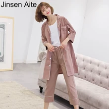 Jinsen Aite, винтажная, хлопковая, льняная, осенняя, 3 шт., женские пижамы, наборы, новинка, длинный рукав, отложной воротник, одежда для сна, Повседневная Пижама JS837